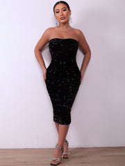 Sequin Strapless Ruched Back Slit Bodycon Dress