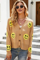 Smiley Face Ribbed Trim V-Neck Cardigan - Shah S. Sahota