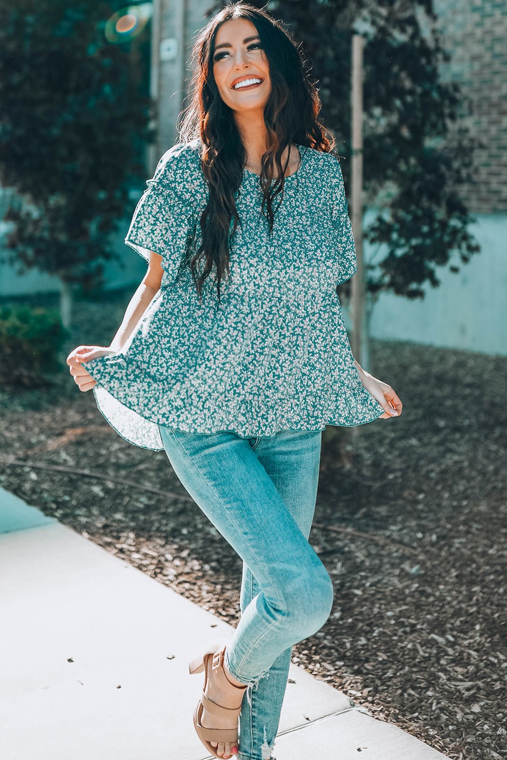 Floral Flare Sleeve Ruffle Hem Top - Shah S. Sahota