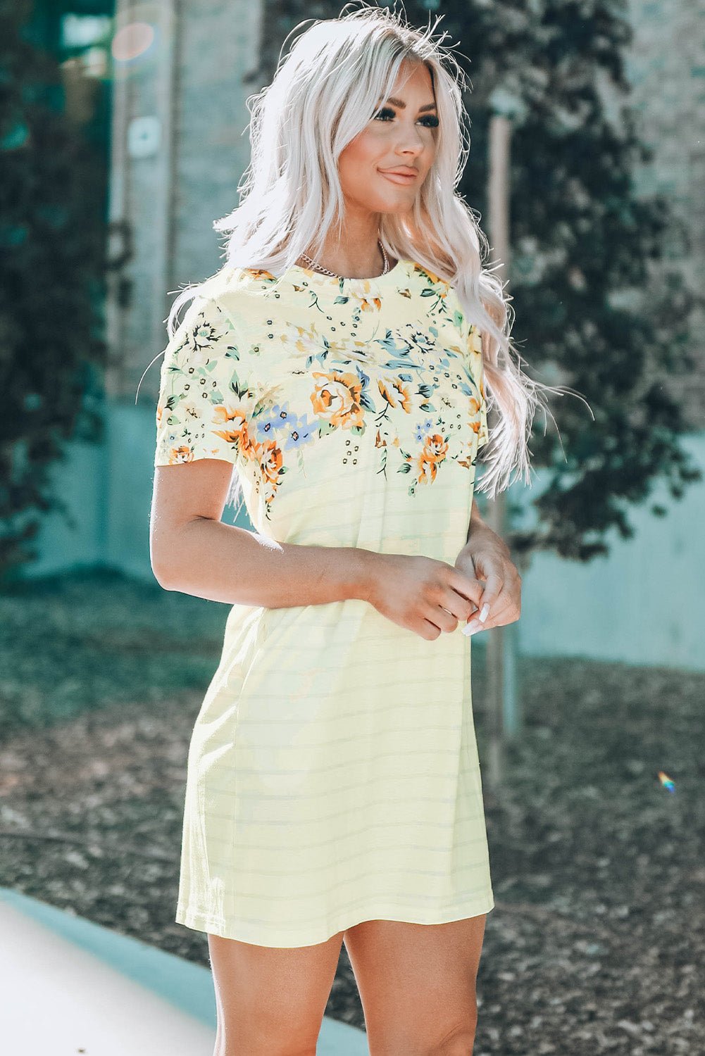 Floral Striped Short Sleeve Round Neck T-Shirt Dress - Shah S. Sahota