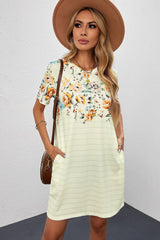 Floral Striped Short Sleeve Round Neck T-Shirt Dress - Shah S. Sahota