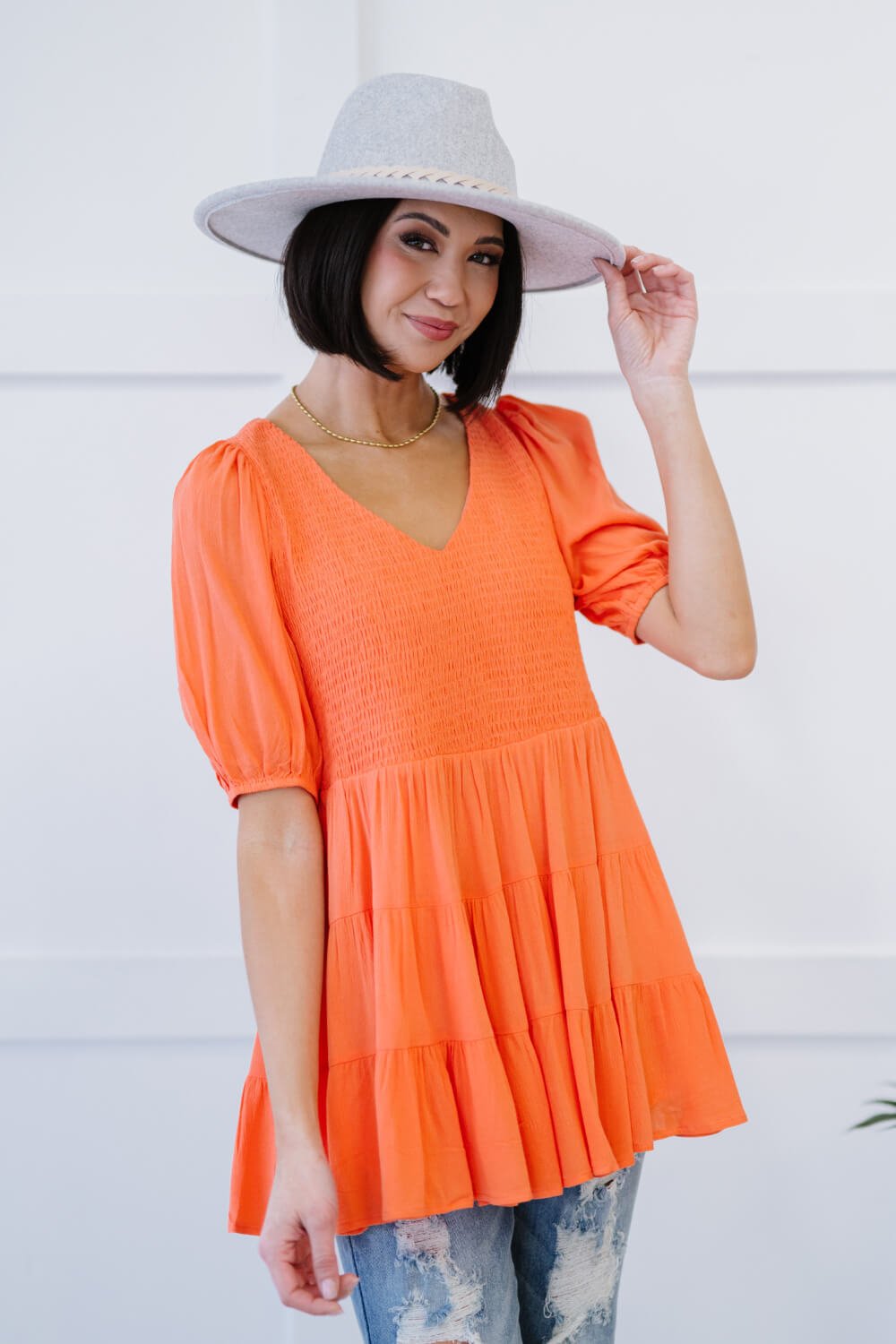 Davi & Dani One-Way Ticket Full Size Run Smocked Tiered Babydoll Blouse - Shah S. Sahota