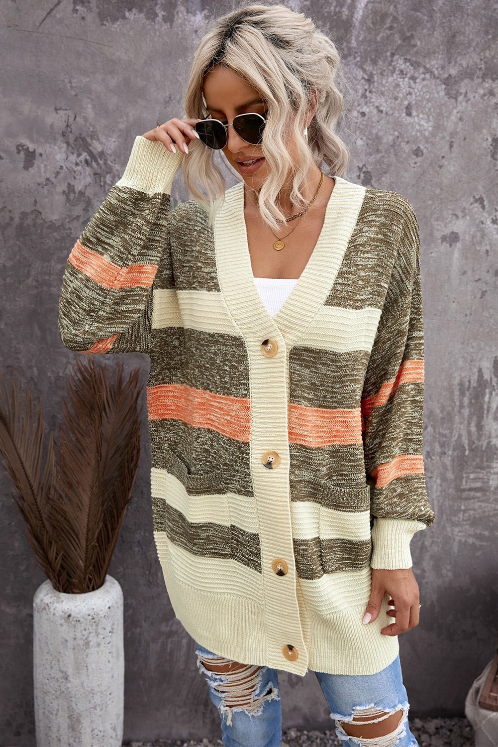 Striped Button Down Longline Cardigan with Pockets - Shah S. Sahota