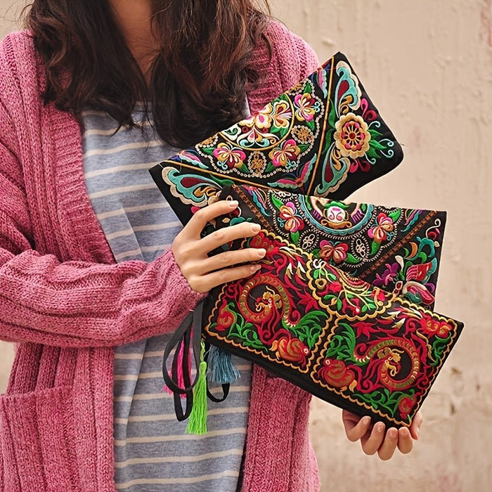 Women's Embroidered Wallet, Niche Vintage Zip Clutch, Large Capacity Coin Purse, Women's Phone Case - Shah S. Sahota