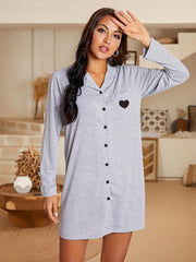 Heart Graphic Lapel Collar Long Sleeve Night Dress - Shah S. Sahota