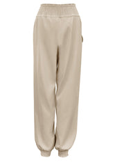 Casual Shirred Elastic High Waist Tie With Pocket Pants