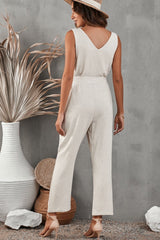 Belted V-Neck Sleeveless Jumpsuit with Pockets - Shah S. Sahota