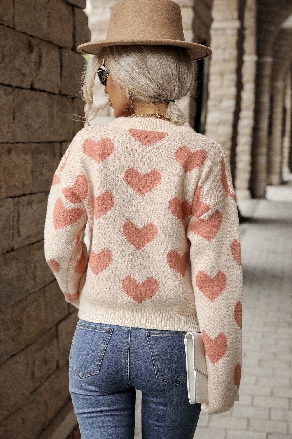 Heart Pattern Dropped Shoulder Sweater - Shah S. Sahota