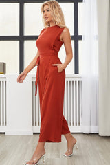 Belted Mock Neck Sleeveless Jumpsuit - Shah S. Sahota