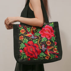 Flower & Bird Embroidered Tote Bag, Large Capacity Shoulder Bag, Stylish Handbag - Shah S. Sahota