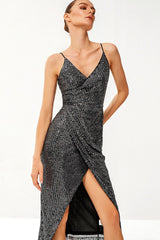 Sequined Spaghetti Strap Ruched Wrap Dress - Shah S. Sahota