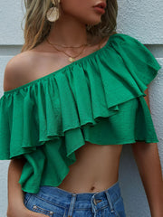 Ruffled Off-Shoulder Layered Cropped Top - Shah S. Sahota