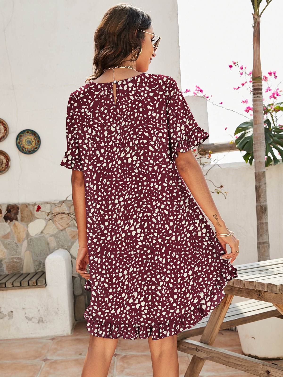 Printed Flounce Sleeve Ruffle Hem Dress - Shah S. Sahota
