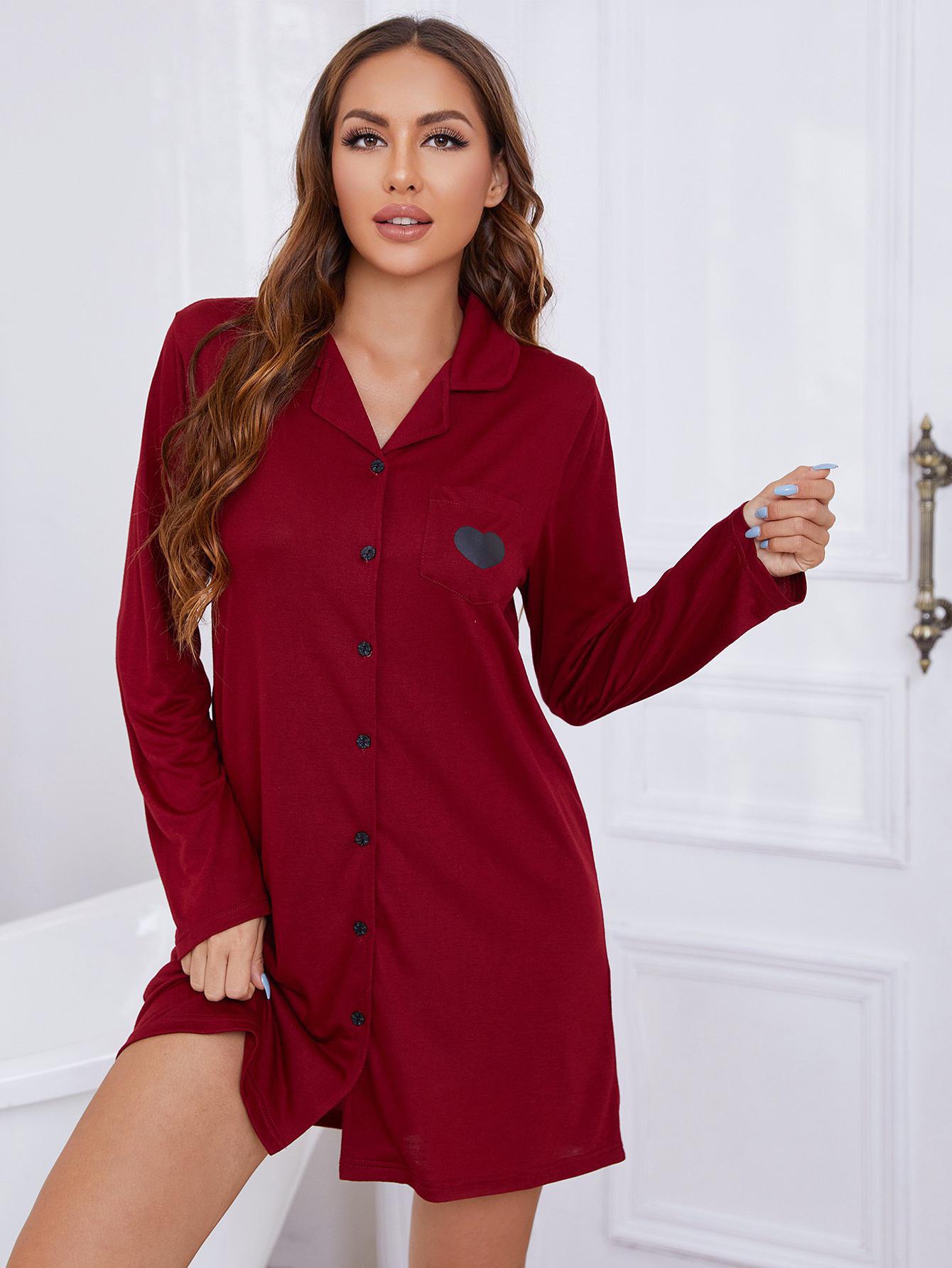 Heart Graphic Lapel Collar Long Sleeve Night Dress - Shah S. Sahota