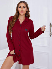 Heart Graphic Lapel Collar Long Sleeve Night Dress - Shah S. Sahota