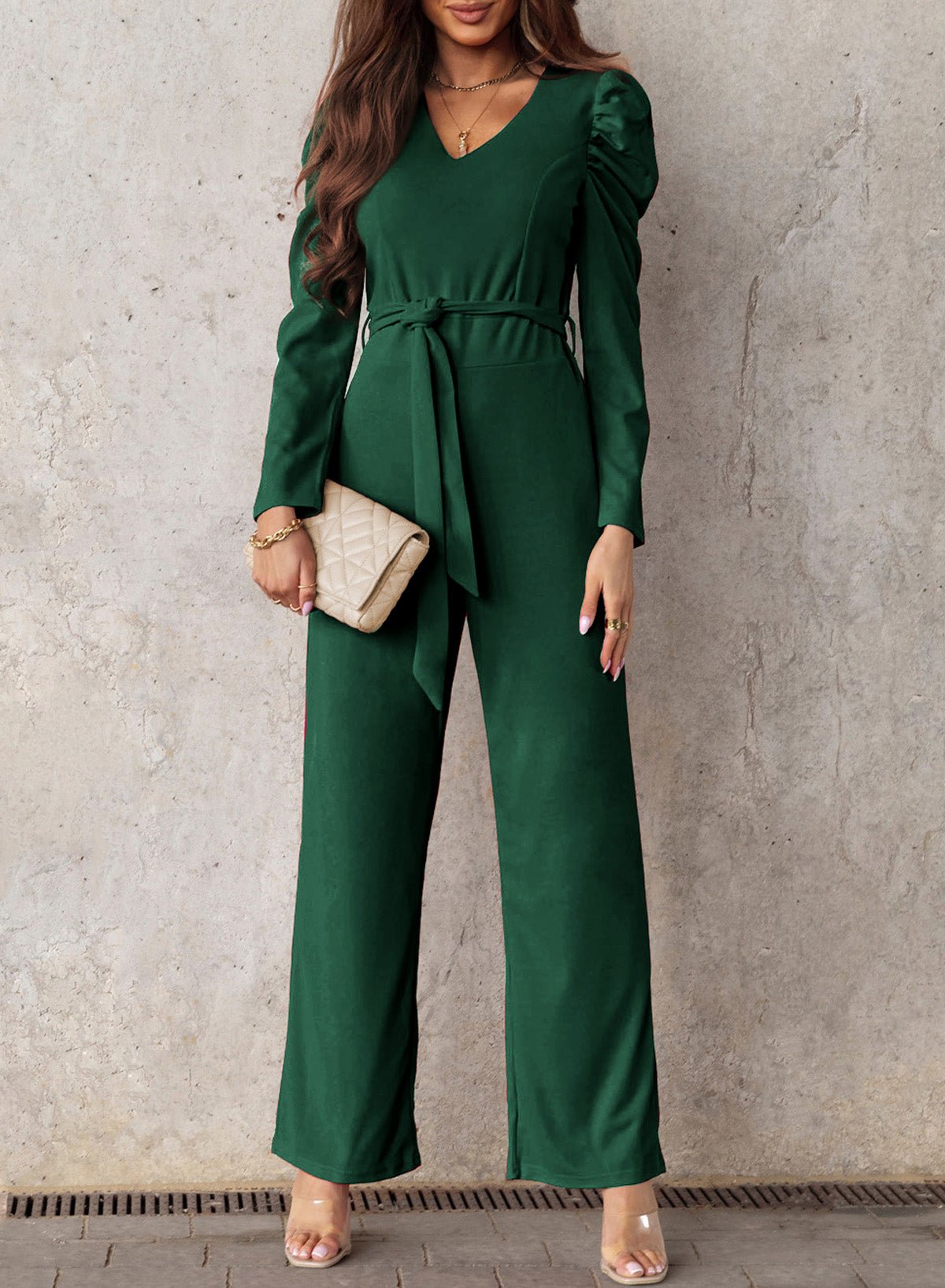 Belted Long Puff Sleeve V-Neck Jumpsuit - Shah S. Sahota