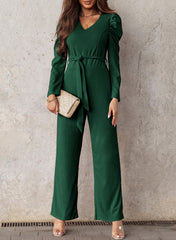 Belted Long Puff Sleeve V-Neck Jumpsuit - Shah S. Sahota