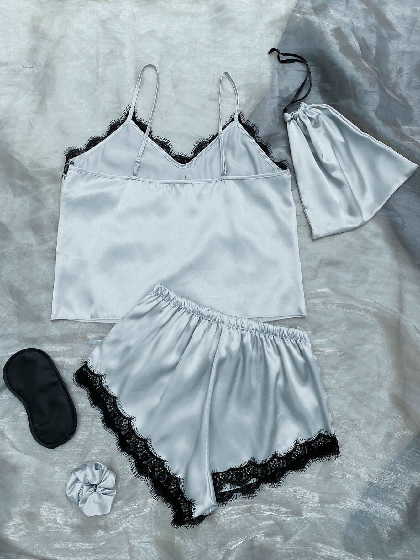 Lace Trim Cami, Shorts, Eye Mask, Scrunchie, and Bag Pajama Set - Shah S. Sahota