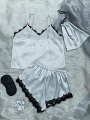 Lace Trim Cami, Shorts, Eye Mask, Scrunchie, and Bag Pajama Set - Shah S. Sahota