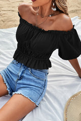 Frill Trim Off-Shoulder Cropped Peplum Top - Shah S. Sahota