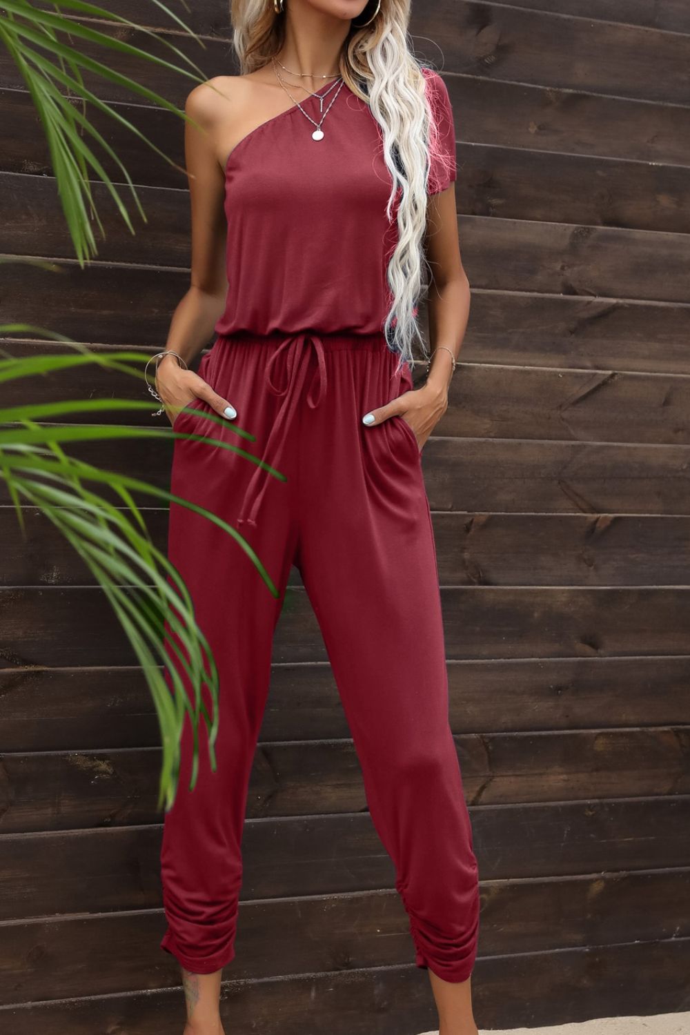 Drawstring Waist One-Shoulder Jumpsuit with Pockets - Shah S. Sahota