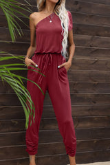 Drawstring Waist One-Shoulder Jumpsuit with Pockets - Shah S. Sahota