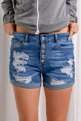 Distressed Button Fly Striped Lining Denim Shorts - Shah S. Sahota