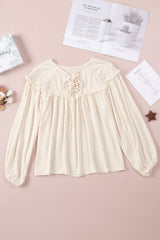 Swiss Dot Lace-Up Lace Trim Blouse - Shah S. Sahota