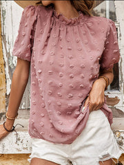 Swiss Dot Ruched Frill Trim Top - Shah S. Sahota
