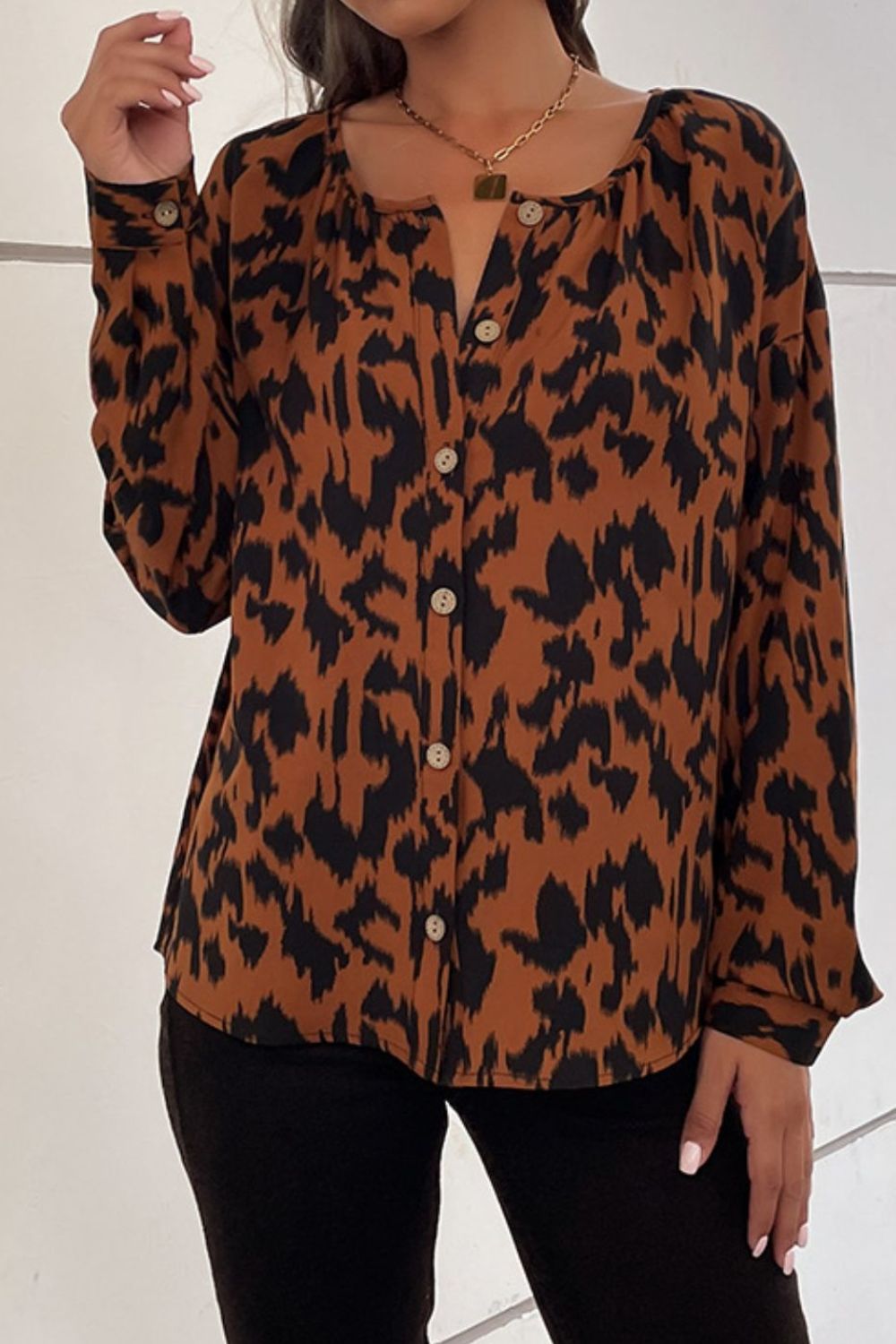 Printed Dropped Shoulder Button-Up Blouse - Shah S. Sahota