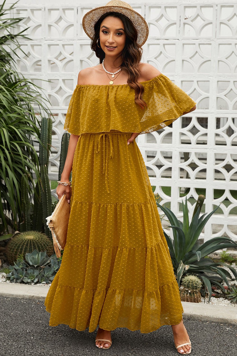 Swiss Dot Off-Shoulder Tiered Maxi Dress - Shah S. Sahota