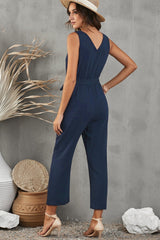 Belted V-Neck Sleeveless Jumpsuit with Pockets - Shah S. Sahota