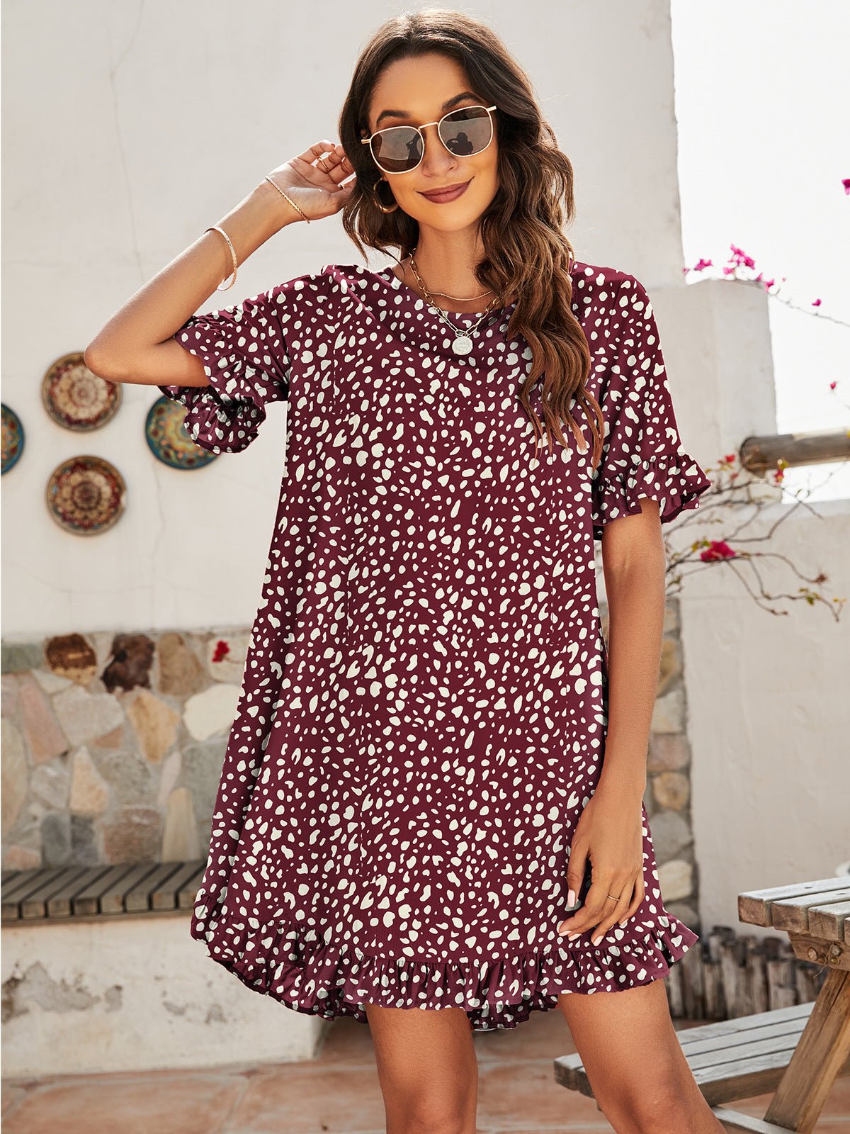 Printed Flounce Sleeve Ruffle Hem Dress - Shah S. Sahota