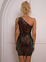 Sequin Rhinestone Chain Detail One-Shoulder Bodycon Dress - Shah S. Sahota