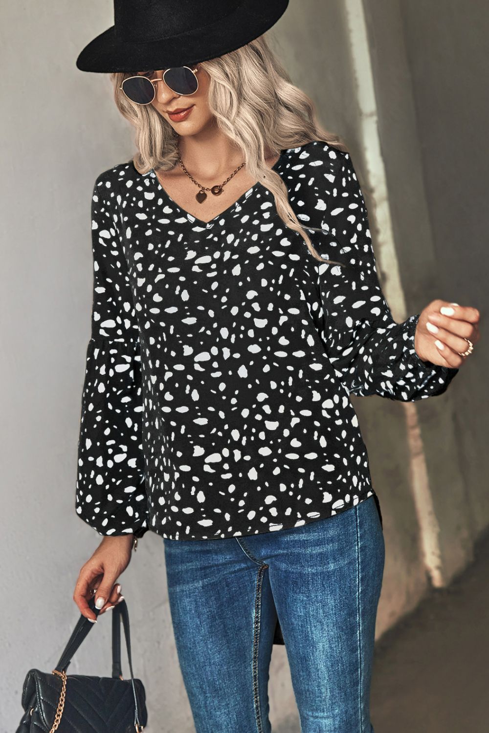 Animal Print V-Neck High-Low Blouse - Shah S. Sahota