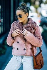 Pink Plush Lining Suede Cropped Double Breasted Coat - Shah S. Sahota