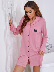 Heart Graphic Lapel Collar Long Sleeve Night Dress - Shah S. Sahota