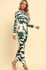 Printed Backless Long Sleeve Maxi Dress - Shah S. Sahota