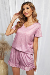 Polka Dot V-Neck Top and Ruffled Shorts Lounge Set - Shah S. Sahota