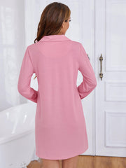 Heart Graphic Lapel Collar Long Sleeve Night Dress - Shah S. Sahota