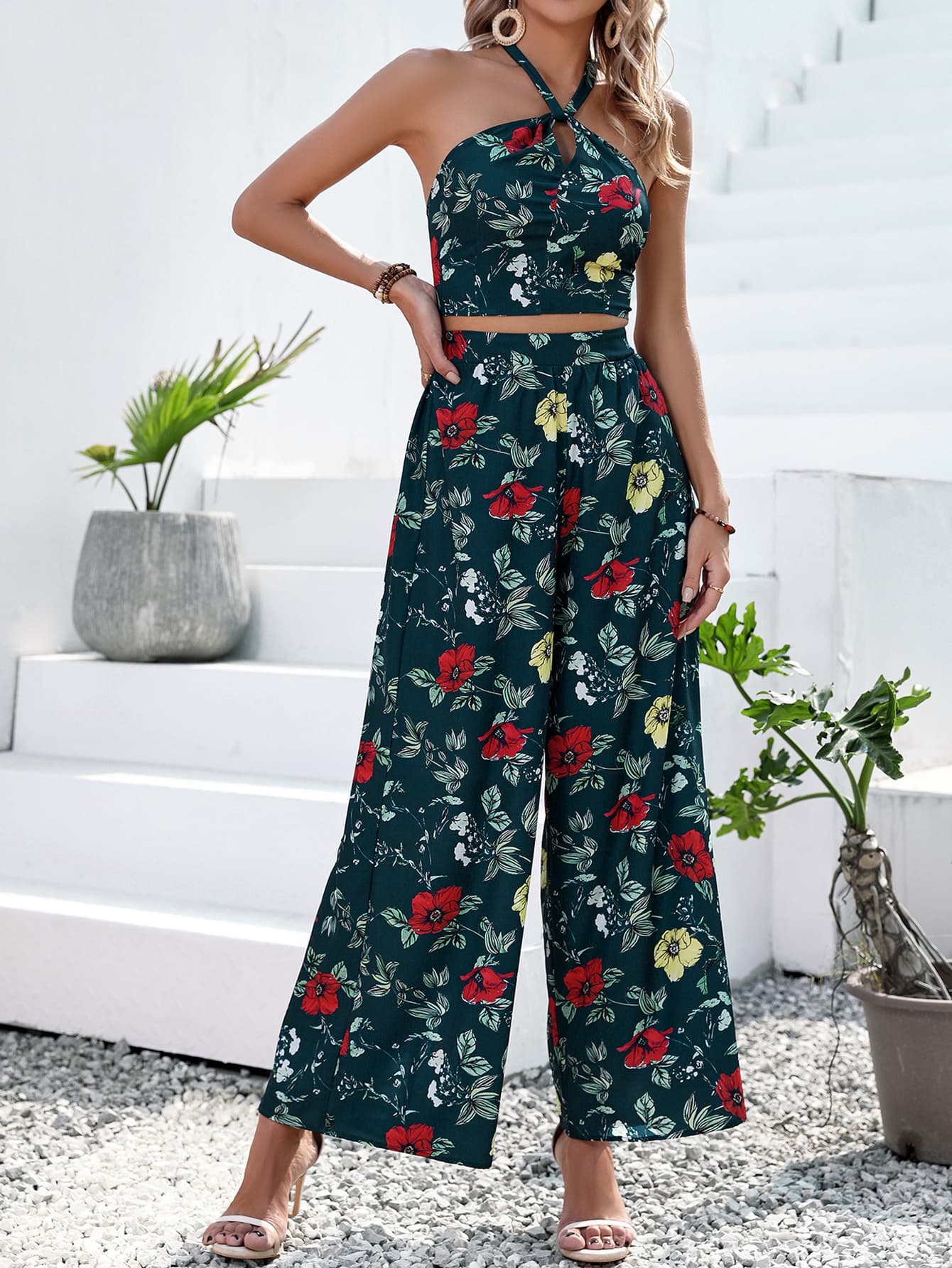 Floral Halter Neck Top and Wide Leg Pants Set - Shah S. Sahota