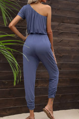 Drawstring Waist One-Shoulder Jumpsuit with Pockets - Shah S. Sahota