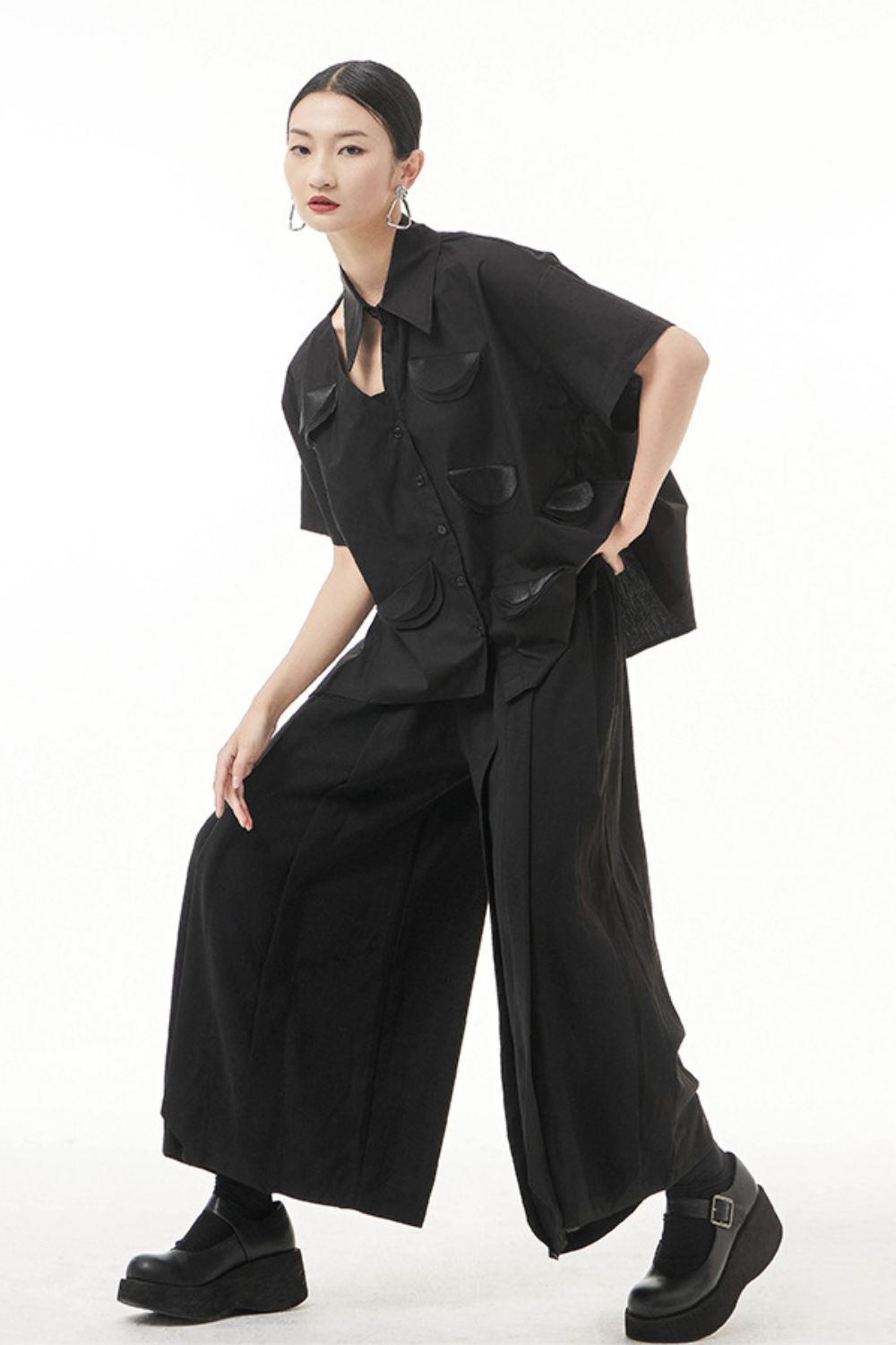 Cutout Pointed Collar Button Front Shirt - Shah S. Sahota