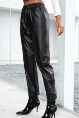 Seamed Elastic Waist PU Leather Pants - Shah S. Sahota