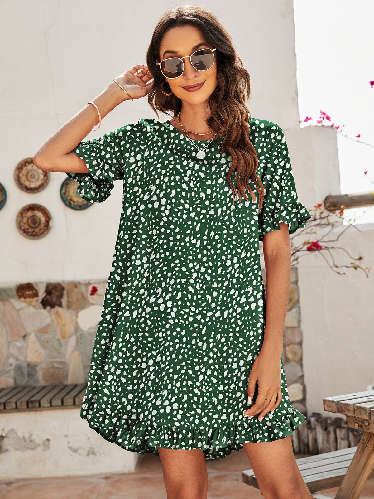 Printed Flounce Sleeve Ruffle Hem Dress - Shah S. Sahota