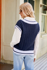 Contrast V-Neck Cap Sleeve Sweater Vest - Shah S. Sahota