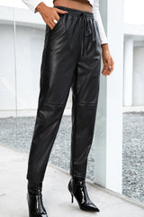 Seamed Elastic Waist PU Leather Pants - Shah S. Sahota