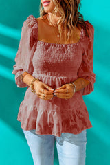 Applique Flounce Sleeve Smocked Peplum Top - Shah S. Sahota