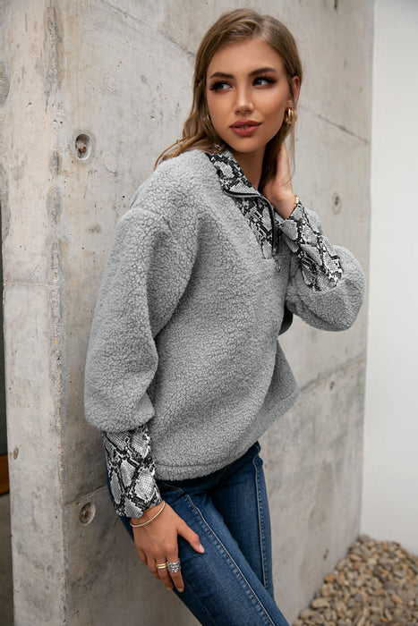 Snakeskin Print Sherpa Quarter-Zip Sweatshirt - Shah S. Sahota