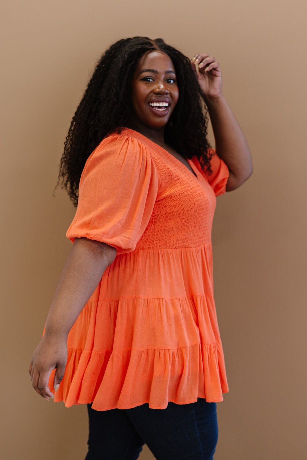 Davi & Dani One-Way Ticket Full Size Run Smocked Tiered Babydoll Blouse - Shah S. Sahota